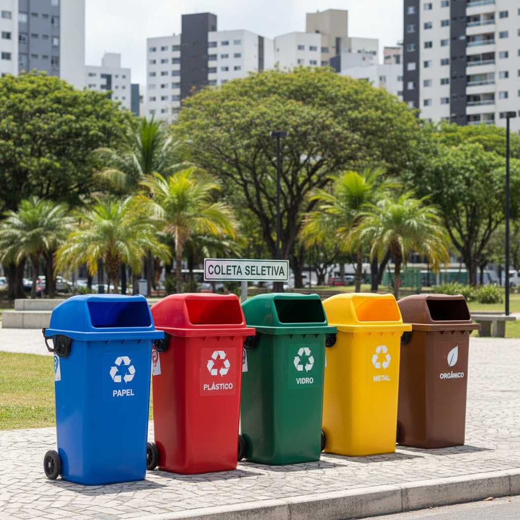 Cinco lixeiras coloridas de coleta seletiva para papel, plástico, vidro, metal e orgânico estão alinhadas em uma praça com árvores e edifícios ao fundo.